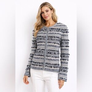 St. John Collection Blue Ivory Knit Fringe Zip Jacket Size 12
